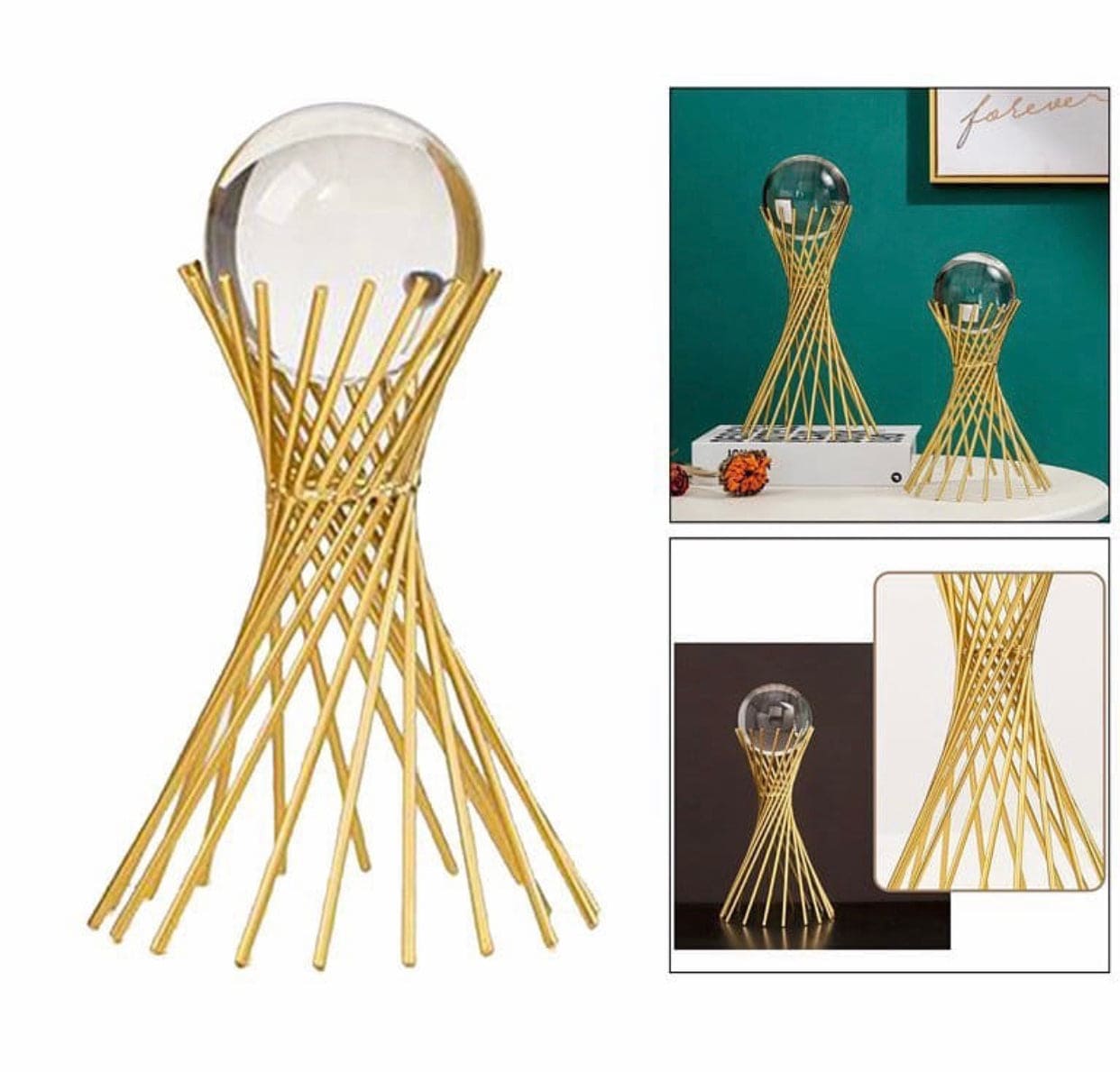 Golden Iron Crystal Ball With Geometric Metal Brass Stand, Ornament Desk Statue Sculptor Decor Golden Iron Crystal Ball With Geometric Metal Brass Stand, Ornament Desk Statue Sculptor Decor
